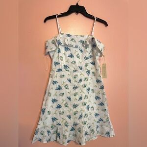 Copper Key White Dress with Blue and Yellow Flowers